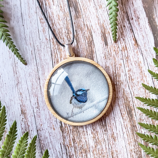 Tasmanian Blue Wren Handmade Wooden Pendant - Myrtle & Me Jewellery