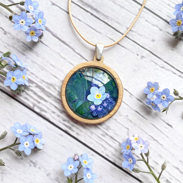 Forget Me Not Flower Bamboo Necklace - Pendant Handmade In Tasmania - Australia