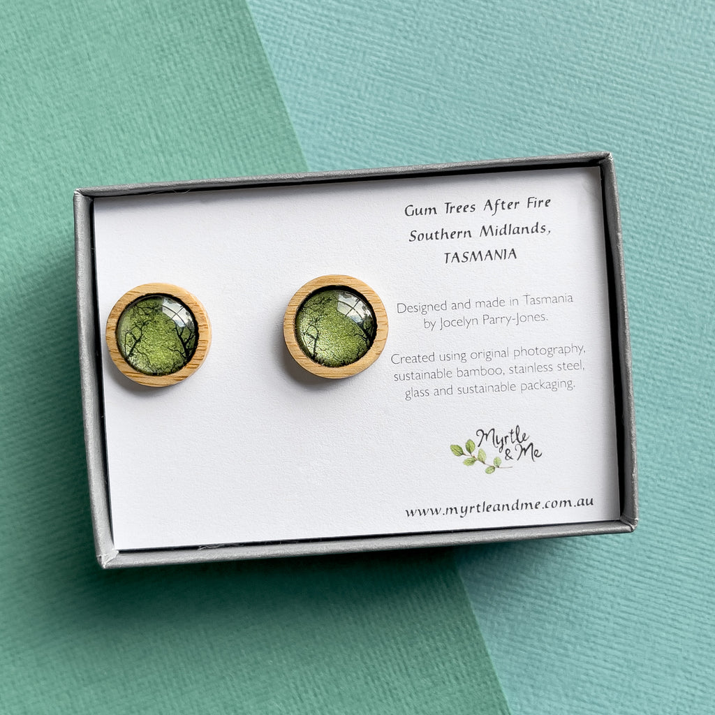 Green Gum Tree Stud Earrings - Made From Bamboo Wood - Myrtle & Me Jewellery